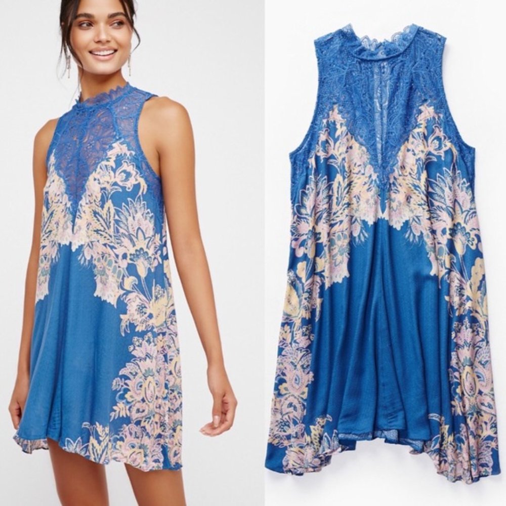 Free People Blue Marsha Lace Printed Slip Dress - Picture 4 of 8